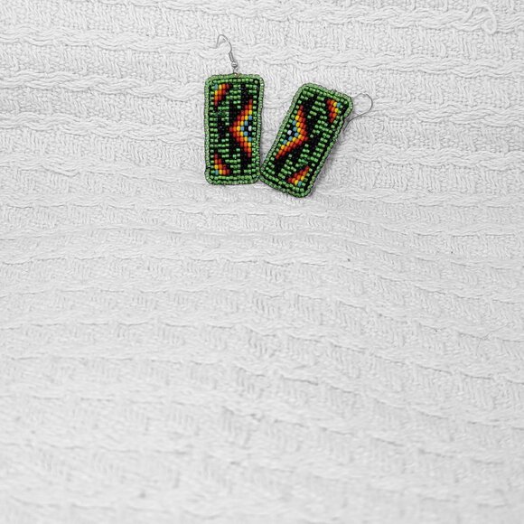 Loom Beaded Green Earrings - Picture 2 of 3